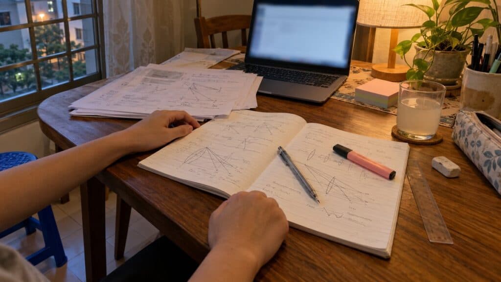 Hands writing in a paper notebook beside a laptop, ruler, pencil and glass of drink on a dining table under lamp light.